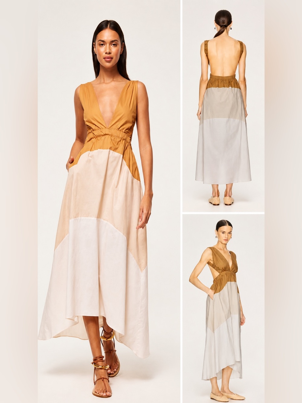 MISA Bohemian Colorblock Maxi Dress Tiered Cotton Blend Beige Brown Size S